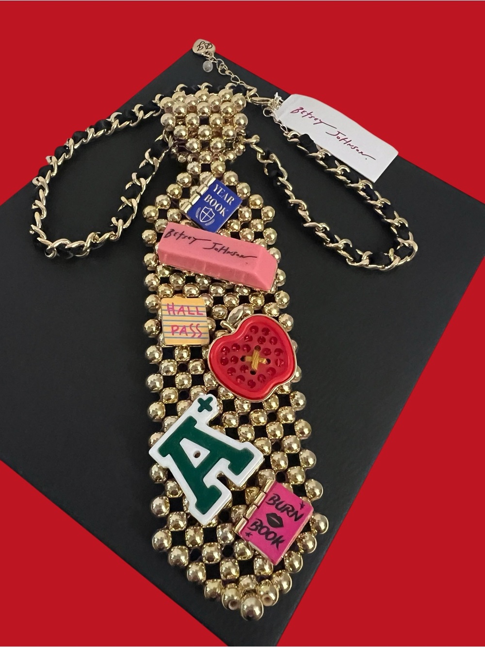 Betsey Johnson Gold-tone Statement Charm Necklace with Pink and Red Accents